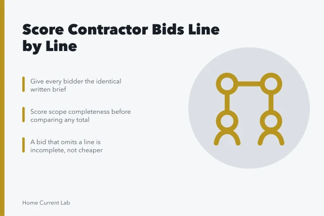 Scoring sheet comparing three home energy contractor bids line by line. Home energy contractor bids: scoring three offers side by side