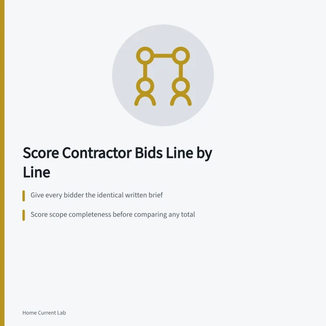Scoring sheet comparing three home energy contractor bids line by line. Home energy contractor bids: scoring three offers side by side