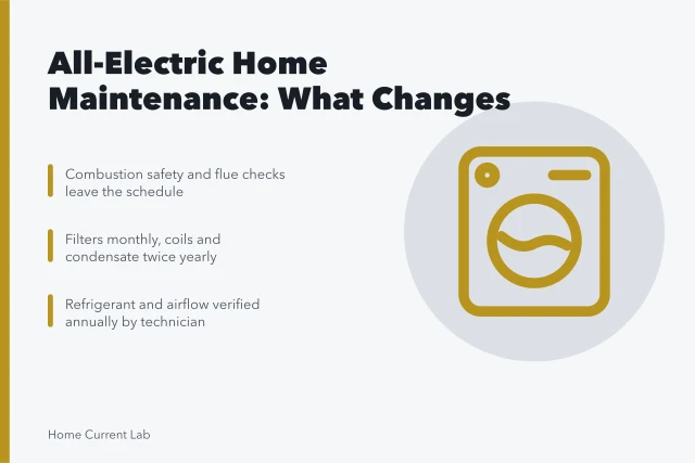 All-electric home maintenance checklist with filters, coils, and annual refrigerant checks. Once a house goes fully electric, the maintenance routine changes