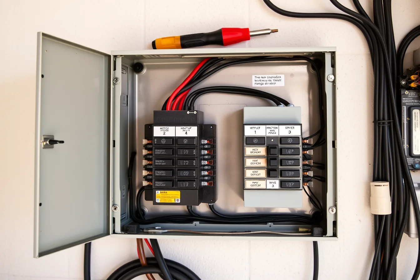 Open home electrical panel with breakers labeled for heat pump and induction range. Going all-electric: five mistakes that surface later