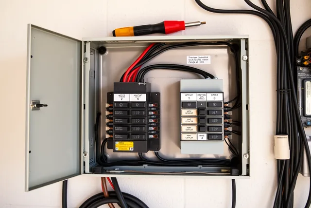 Open home electrical panel with breakers labeled for heat pump and induction range. Going all-electric: five mistakes that surface later