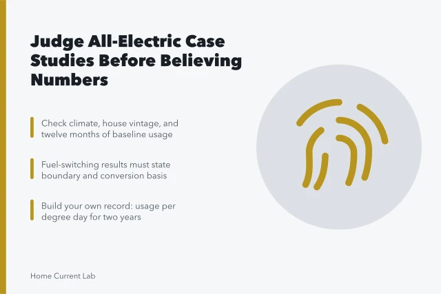 Checklist card for judging all-electric home conversion case studies. How to read an all-electric home case study properly