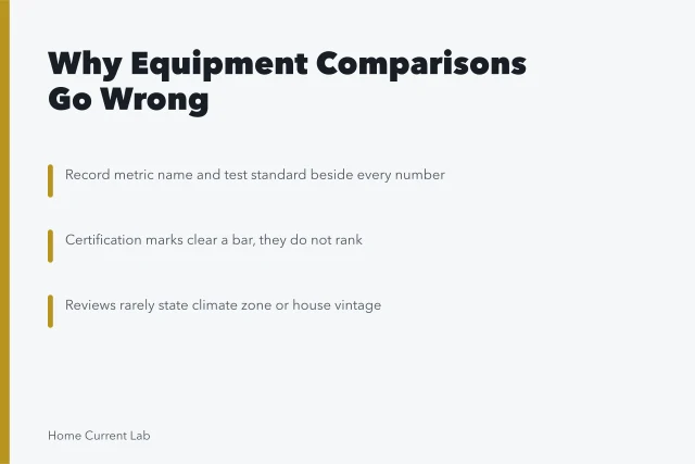 Card listing four mistakes that make equipment comparisons misleading. Comparison mistakes: how the wrong equipment gets chosen