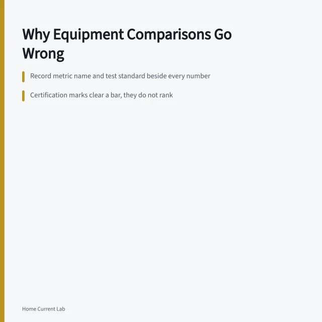 Card listing four mistakes that make equipment comparisons misleading. Comparison mistakes: how the wrong equipment gets chosen