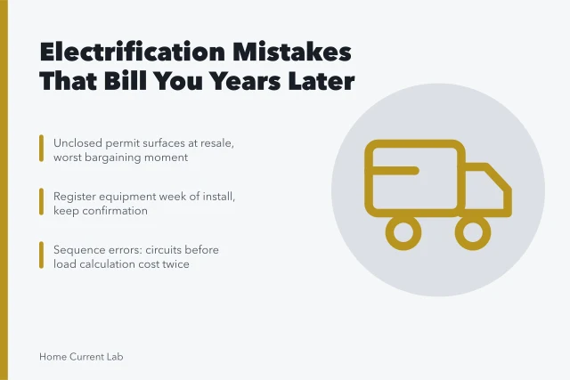 Card listing late-billing electrification mistakes: permits, warranties, rework, deferred repairs. Which electrification mistakes bill you years later