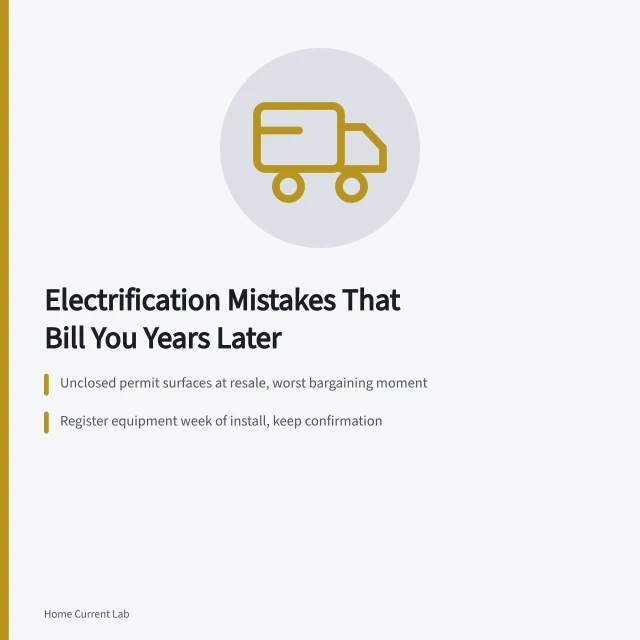 Card listing late-billing electrification mistakes: permits, warranties, rework, deferred repairs. Which electrification mistakes bill you years later