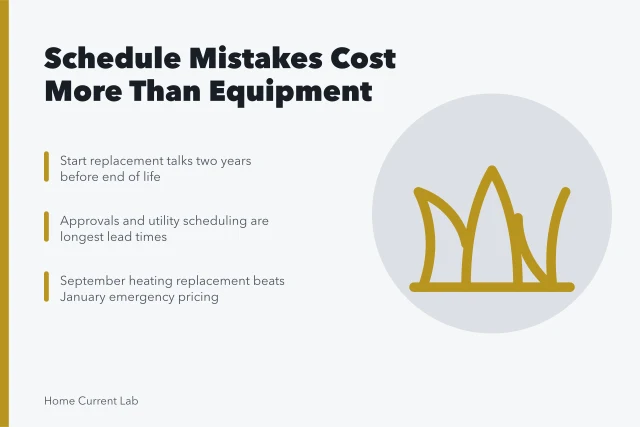 Calendar showing approval, permit, utility and inspection lead times. Scheduling mistakes end up costing more than equipment choices