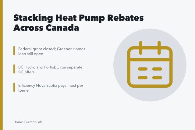 Heat pump rebate stacking guide for Canada and provinces. Canada Greener Homes and provincial heat pump rebates: how they stack