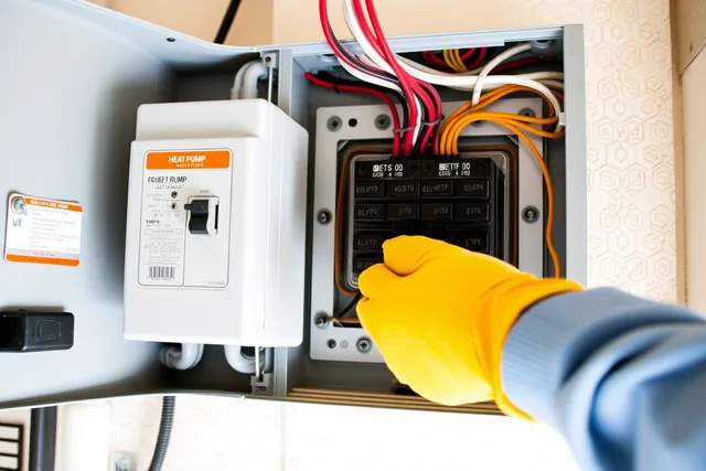 Electrician wiring a heat pump circuit inside an open residential electrical panel. Halifax heat pump conversions, coastal humidity and Efficiency Nova Scotia rebates
