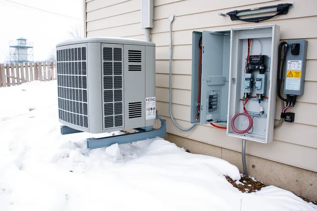 Cold-climate heat pump outdoor unit wired to an electrical panel in Prairie snow. Cold-climate heat pumps on the Prairies, sizing for -30°C and real running costs
