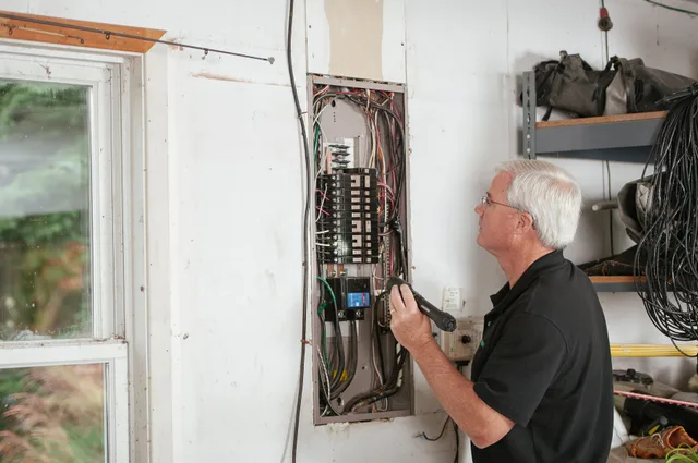 An electrician carefully examines a residential fuse box indoors, ensuring electrical safety and compliance. Toronto and Vancouver heat pump quotes, why the same job differs by thousands