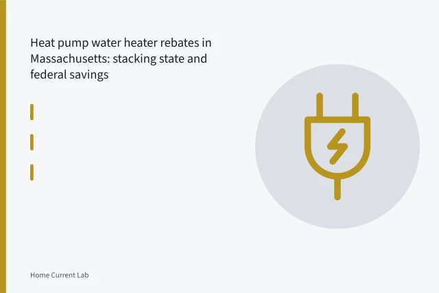 Heat pump water heater wired to a residential electrical panel with conduit and breakers. Heat pump water heater rebates in Massachusetts: stacking state and federal savings