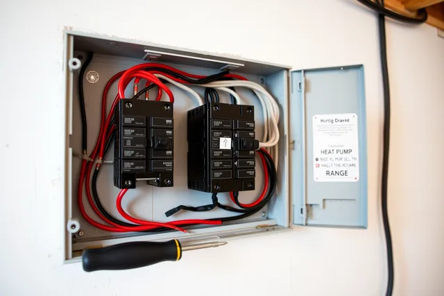 Open electrical panel with new 240-volt breakers wired for a heat pump and induction stove. Moving off oil heat in Atlantic Canada, rebates, contractors and the panel question