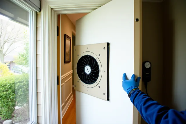 Blower door fan sealed in exterior door during airtightness test. EnerGuide evaluations explained for Canadians sequencing electrification work