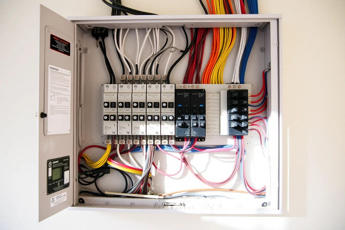 Open home electrical panel with circuit breakers and bundled wiring. Home energy contractor options: the 2027 review