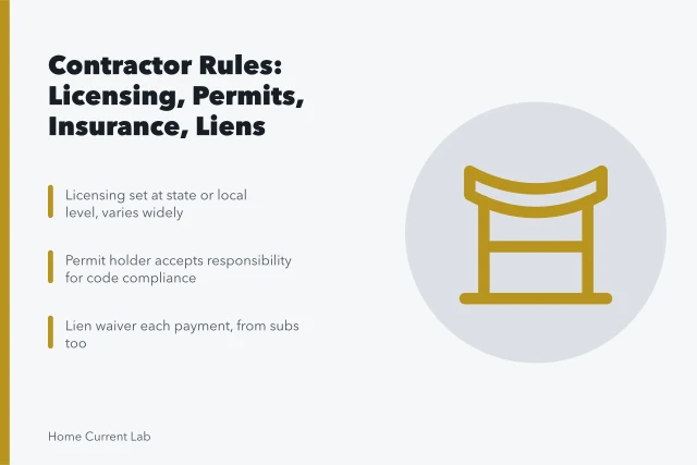 Card summarizing contractor licensing, permits, insurance and lien rules. The rules a contractor works under, and why it matters to you in 2027