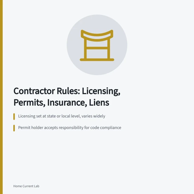 Card summarizing contractor licensing, permits, insurance and lien rules. The rules a contractor works under, and why it matters to you in 2027