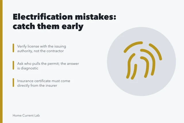 Checklist for verifying electrical contractors before signing an electrification quote. Electrification mistakes: the contractor checks that catch them early