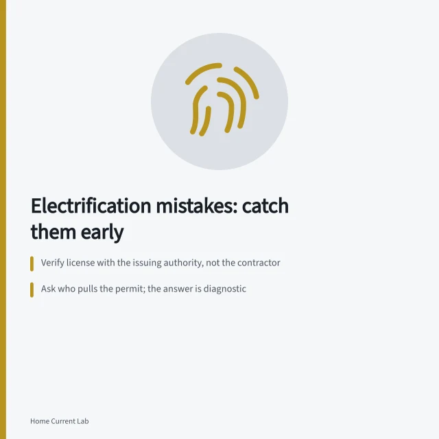 Checklist for verifying electrical contractors before signing an electrification quote. Electrification mistakes: the contractor checks that catch them early
