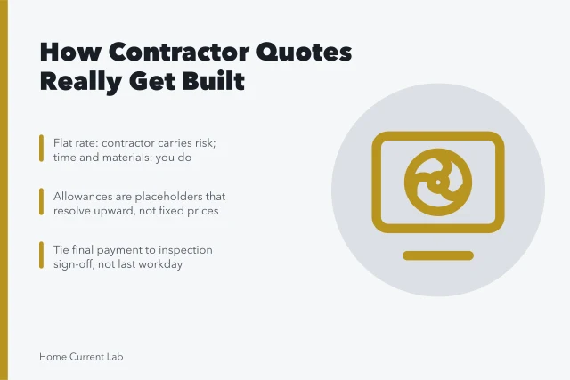 Card explaining flat-rate versus time-and-materials contractor pricing and allowances. 5 details of home electrification costs people miss