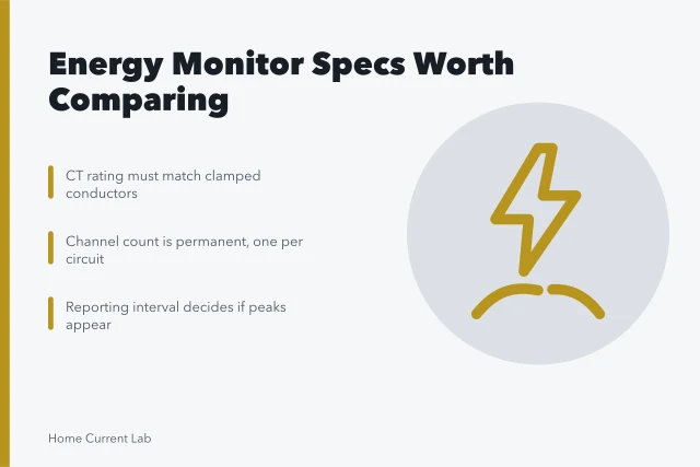 Card listing energy monitor specifications: CT rating, channel count, reporting interval. Which energy monitor specifications are actually worth comparing?