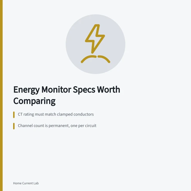 Card listing energy monitor specifications: CT rating, channel count, reporting interval. Which energy monitor specifications are actually worth comparing?