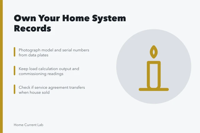 Card about keeping home energy system records and service agreements. 4 things about home energy contractors worth your time