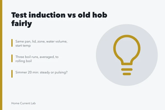 Card comparing induction and old hob with boil, simmer and cleaning tests. Testing induction cooking against your old hob before you commit
