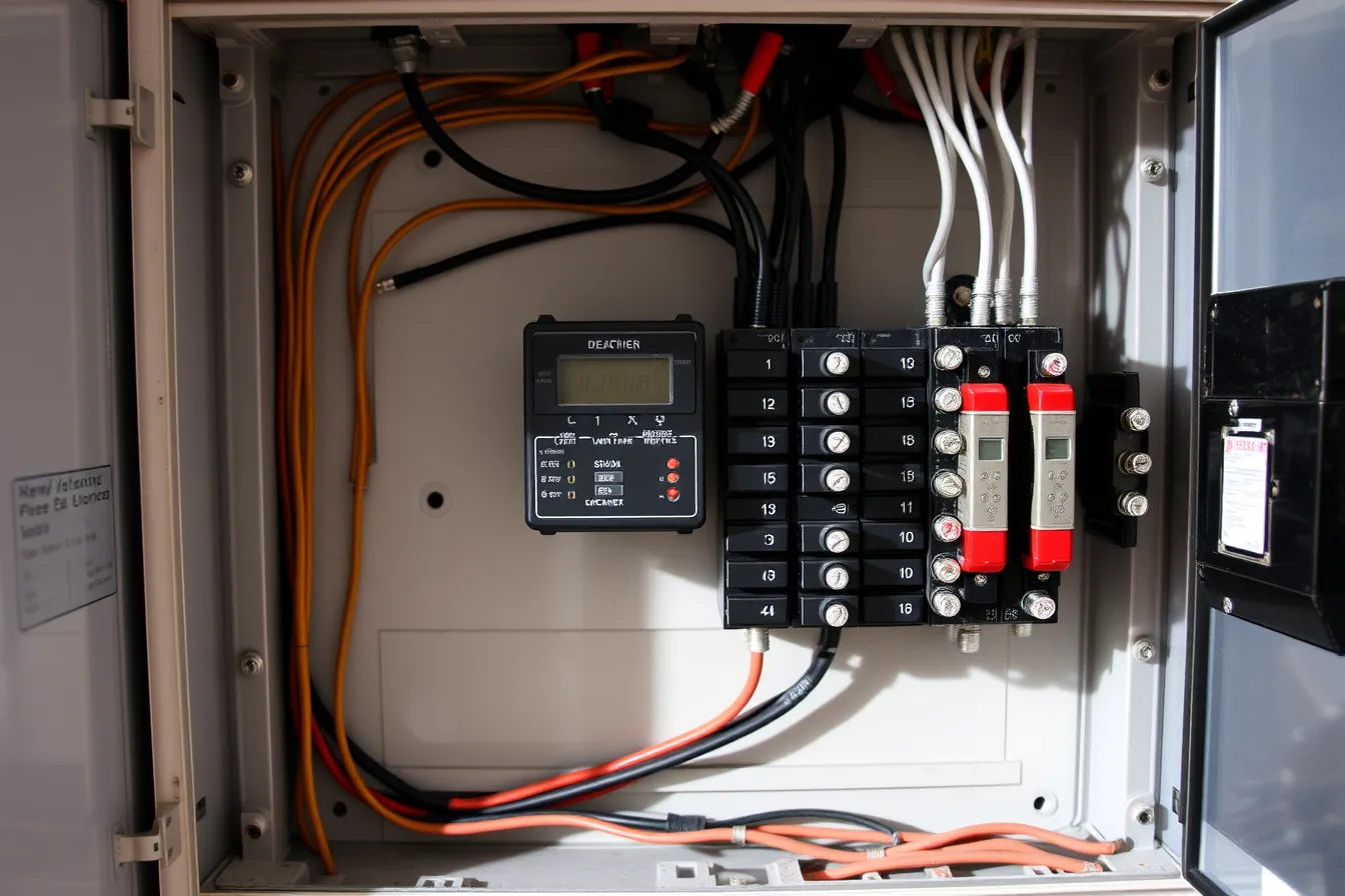Open electrical panel with energy monitor and current transformers clamped on conductors. 5 lessons on residential energy monitor installation