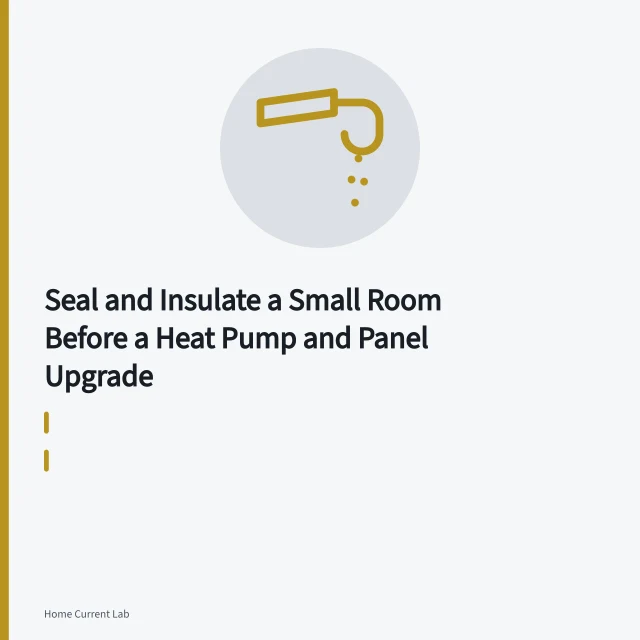 Spray foam sealing a rim joist in a small room before heat pump installation. Seal and Insulate a Small Room Before a Heat Pump and Panel Upgrade