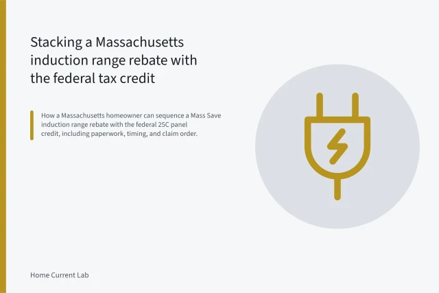 Electrician wiring a 240-volt breaker in a home electrical panel for an induction range. Stacking a Massachusetts induction range rebate with the federal tax credit