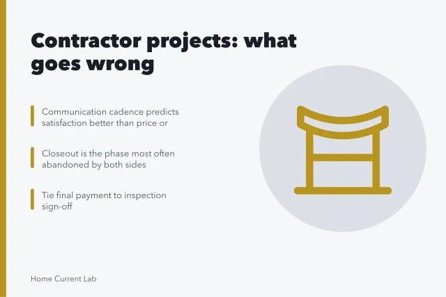 Card on home energy contractor communication, closeout, and emergency work. Reading home energy contractors with a sceptical eye, updated for 2027