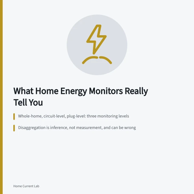 Card comparing whole-home, circuit-level, and plug-level energy monitoring and their limits. A guide to judging what a home energy monitor can actually tell you