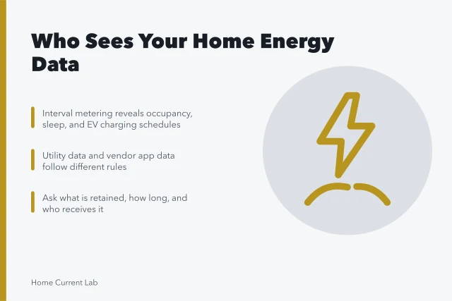 Card about home electrification data privacy, metering, and consent questions. Who sees your data once a home electrification project begins?