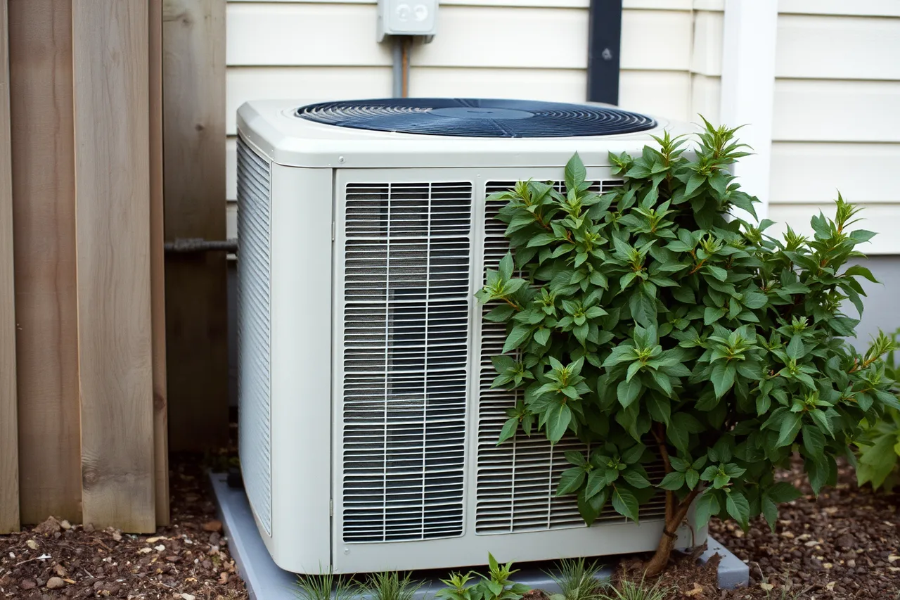 Outdoor heat pump unit crowded by a close fence and overgrown shrub (Which maintenance habits quietly damage electric equipment)