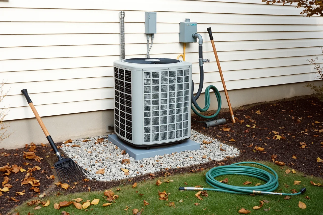 Outdoor heat pump unit with eighteen inches of clearance and debris raked away (Keeping a home electrification maintenance routine on schedule)
