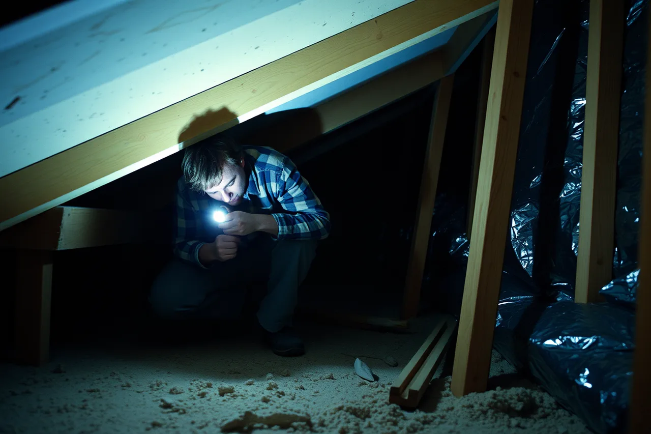 Homeowner with flashlight inspecting attic insulation and rim joist for gaps (Once a house goes fully electric, the maintenance routine changes)