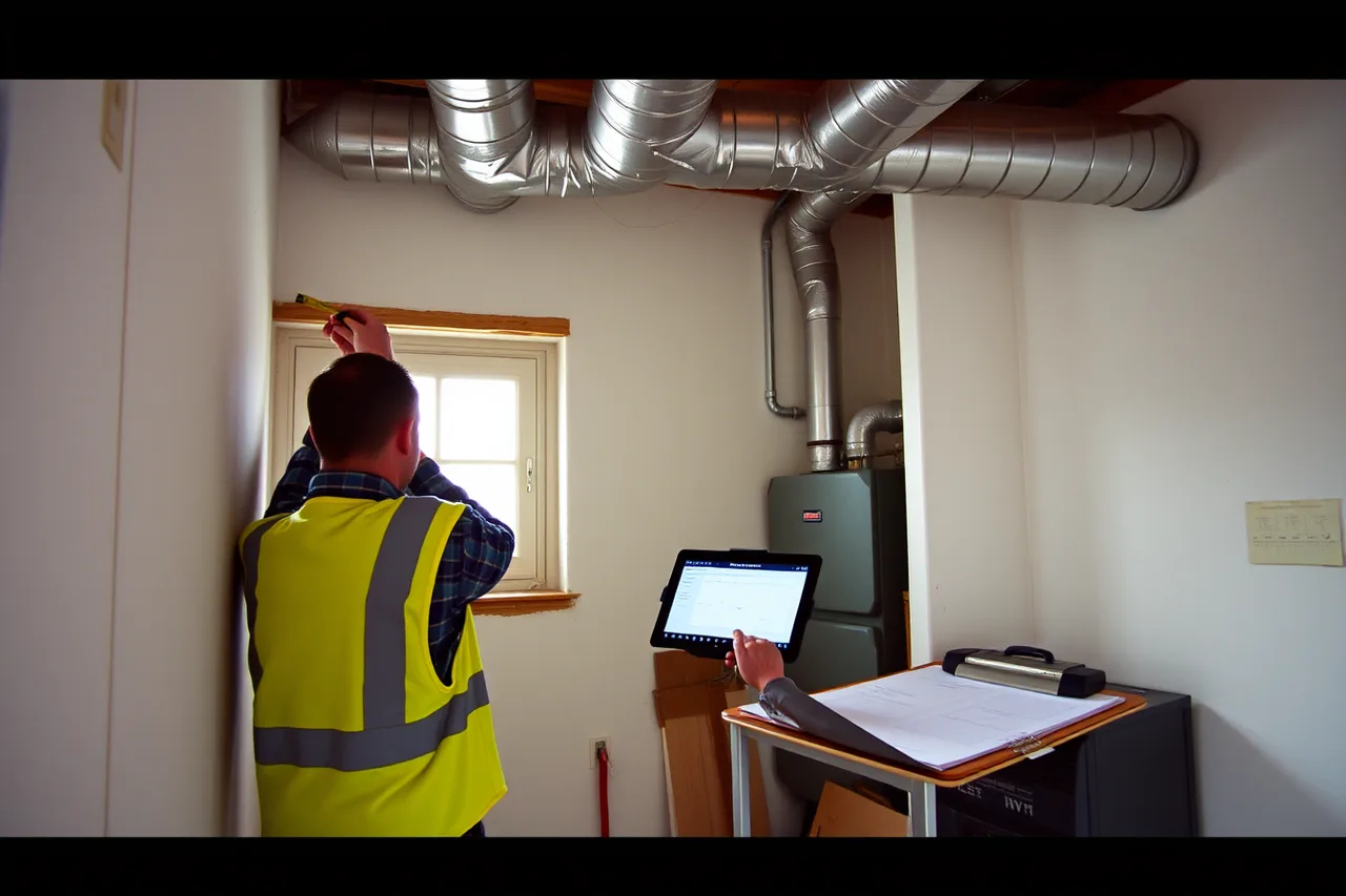 Technician measuring a room for an on-site load calculation (Small electrification mistakes with an outsized effect on cost)