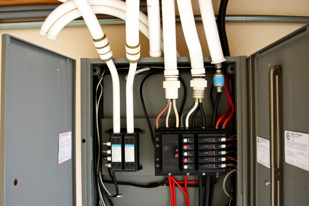 Open breaker panel with empty labeled conduit runs leaving for future circuits (Planning electrification projects with tomorrow's upgrades in mind)
