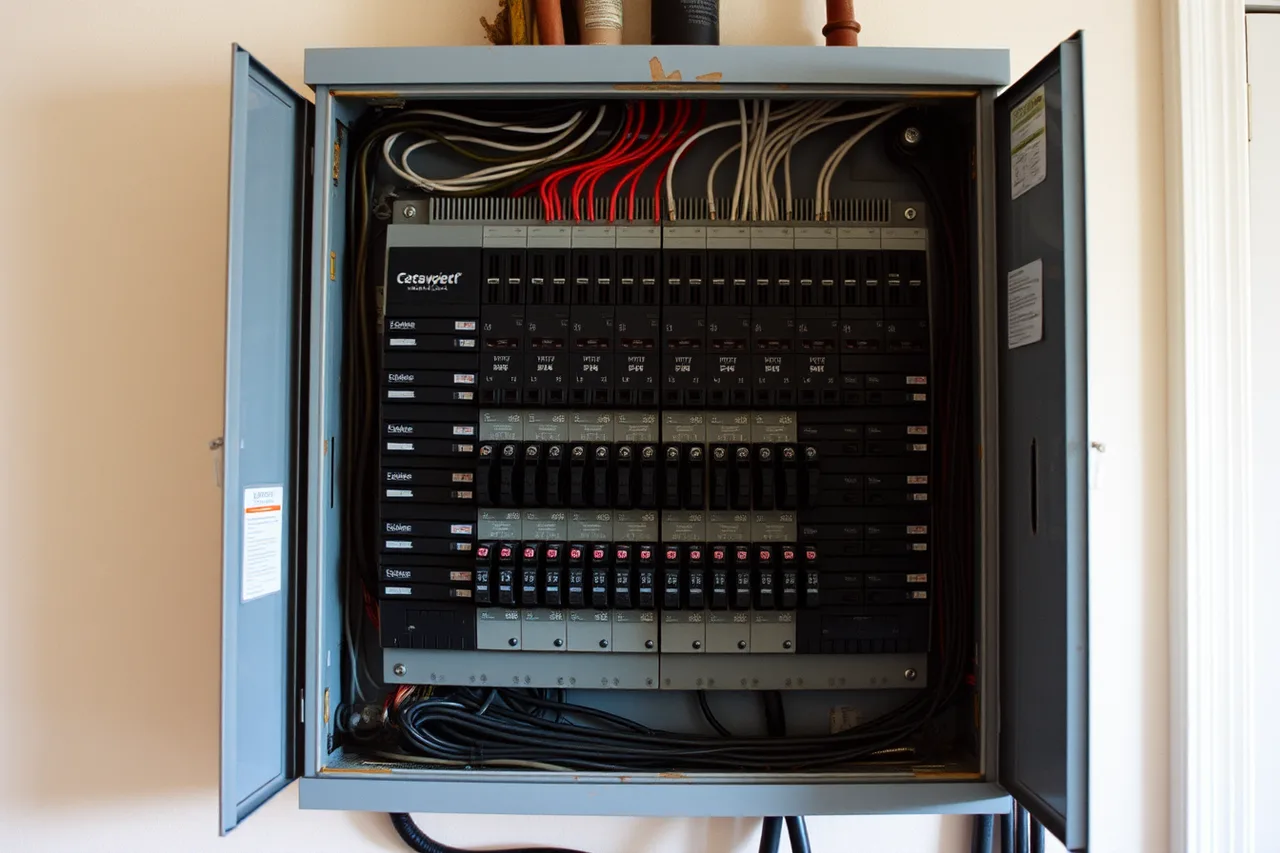 Open residential electrical panel with breakers and a clamp meter on a feeder (Electrification projects, phase by phase: a start-to-finish guide)