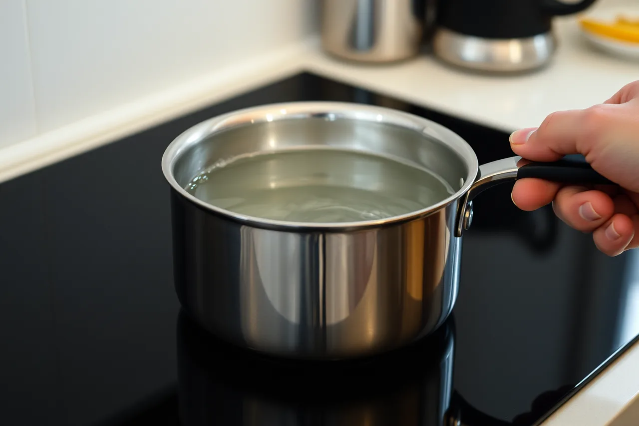 Pan of water simmering on induction hob at lowest setting (Testing induction cooking against your old hob before you commit)