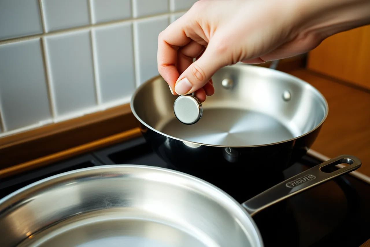 Fridge magnet stuck to the base of a stainless steel pan (What does induction really cost at home and in a shared building?)