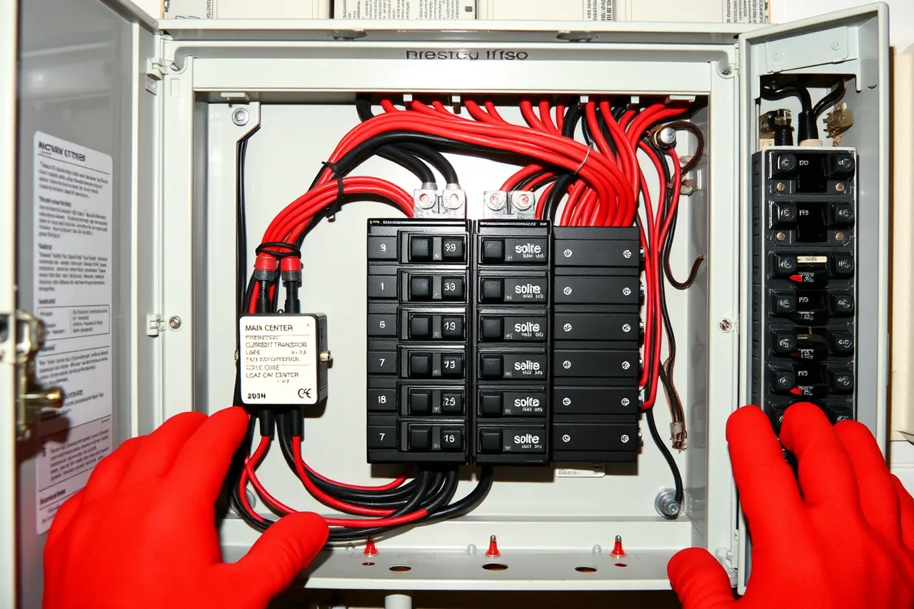 Open electrical panel with current transformers clamped around live service conductors (5 lessons on residential energy monitor installation)