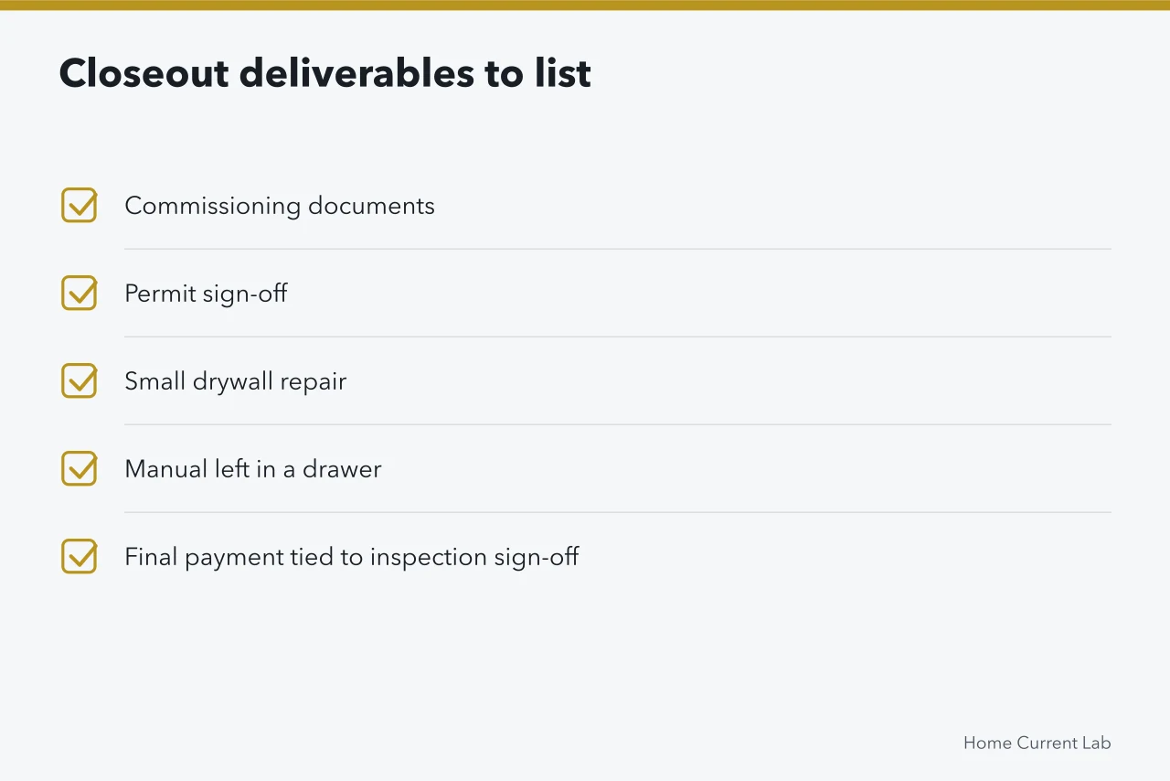 Checklist of closeout deliverables to list as line items (Reading home energy contractors with a sceptical eye, updated for 2027)