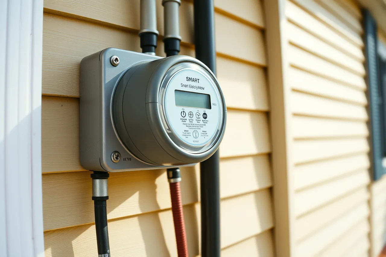 Smart electricity meter mounted on a home's exterior wall (Who sees your data once a home electrification project begins?)